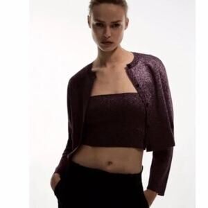 Zara Metallic Shimmery Velvet Buttons Cropped Cardigan Sweater S Purple #3708